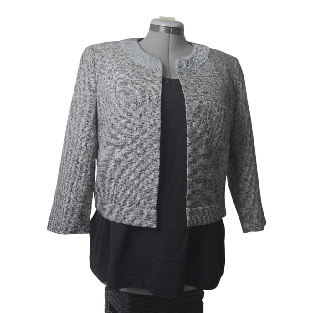 LOFT Silver Cropped Jacket with Sequin Collar | Size 14 | Lined Preppy Glam EUC